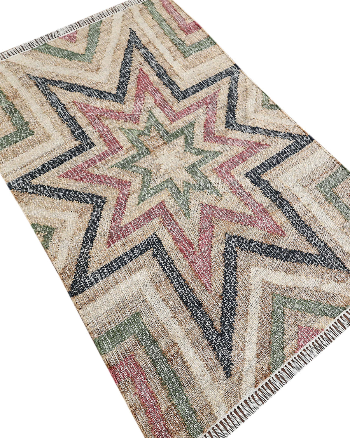 Handmade Multicolor Jute Rug, Geometric Star Pattern Area Rug, Beige Red Green & Black Boho Natural Fiber Carpet