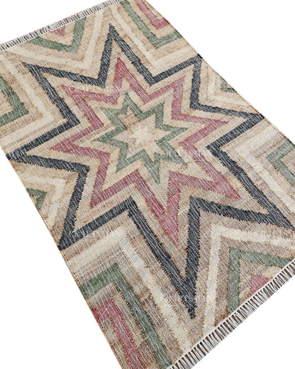 Handmade Multicolor Jute Rug, Geometric Star Pattern Area Rug, Beige Red Green & Black Boho Natural Fiber Carpet