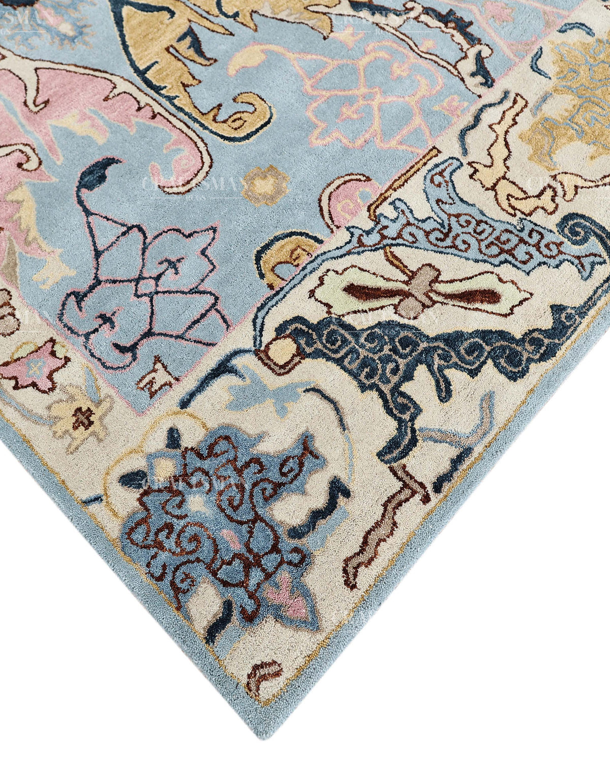 Hand Tufted Light Blue Oushak Rug, Traditional Floral Area Rug, Persian Style Carpet with Ivory Border