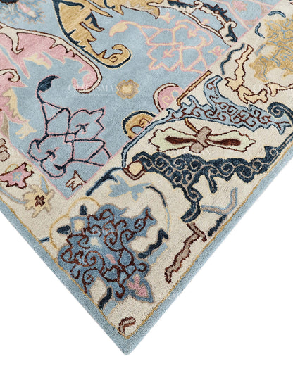 Hand Tufted Light Blue Oushak Rug, Traditional Floral Area Rug, Persian Style Carpet with Ivory Border