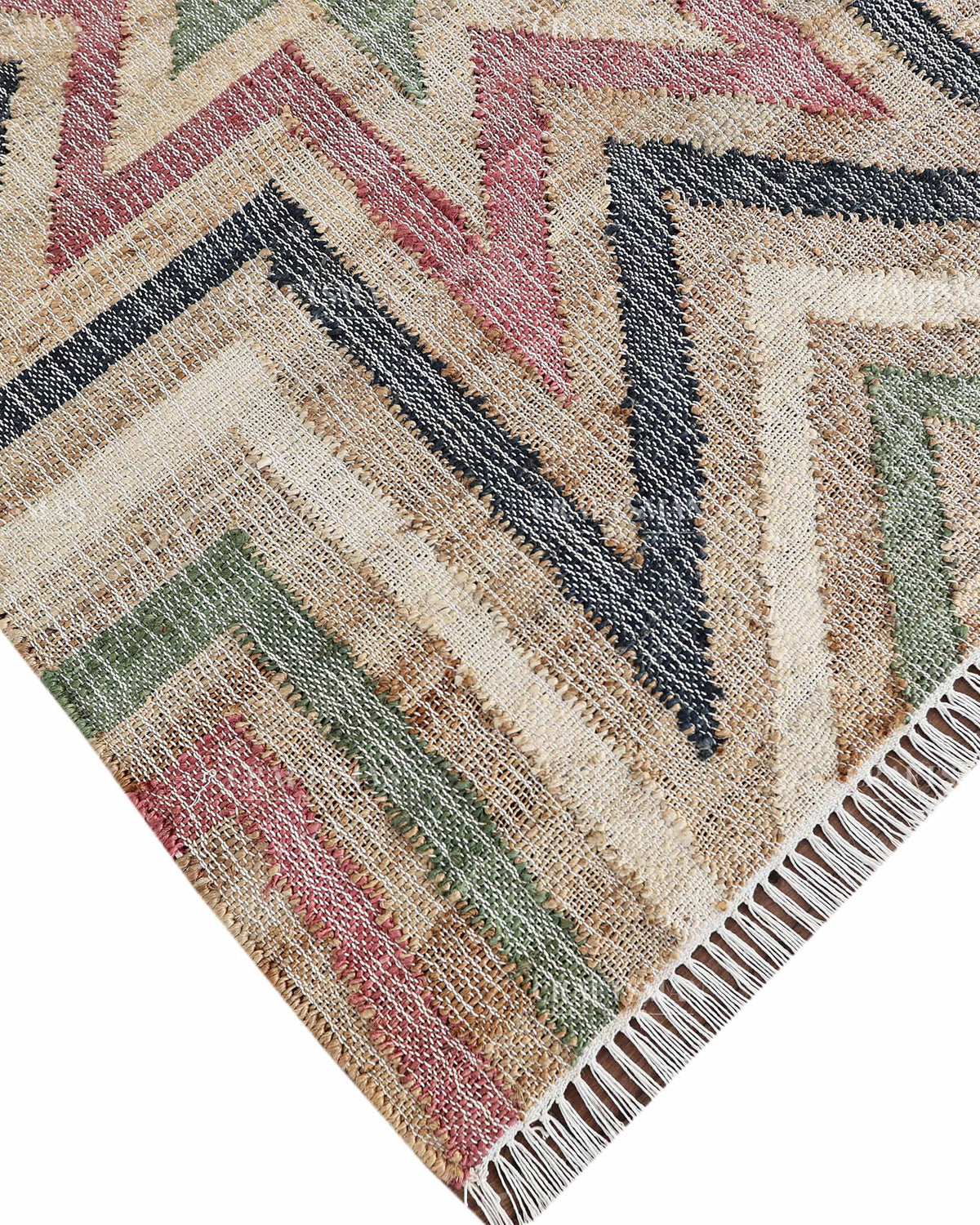 Handmade Multicolor Jute Rug, Geometric Star Pattern Area Rug, Beige Red Green & Black Boho Natural Fiber Carpet