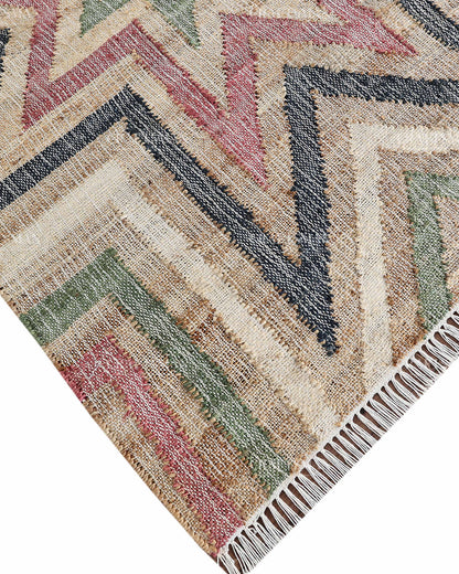 Handmade Multicolor Jute Rug, Geometric Star Pattern Area Rug, Beige Red Green & Black Boho Natural Fiber Carpet