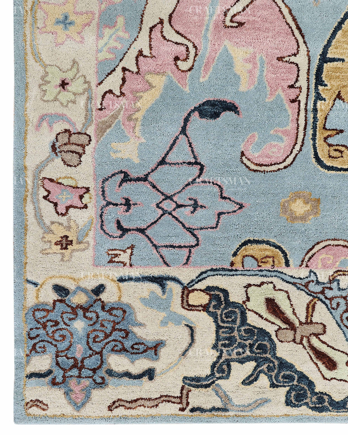Hand Tufted Light Blue Oushak Rug, Traditional Floral Area Rug, Persian Style Carpet with Ivory Border