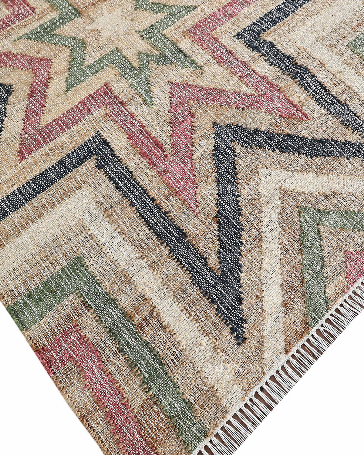 Handmade Multicolor Jute Rug, Geometric Star Pattern Area Rug, Beige Red Green & Black Boho Natural Fiber Carpet