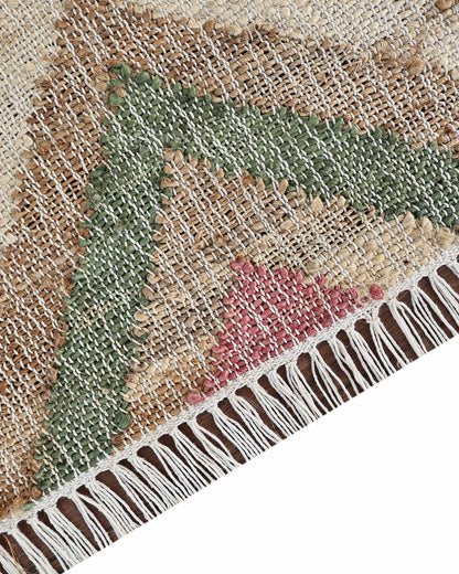 Handmade Multicolor Jute Rug, Geometric Star Pattern Area Rug, Beige Red Green & Black Boho Natural Fiber Carpet