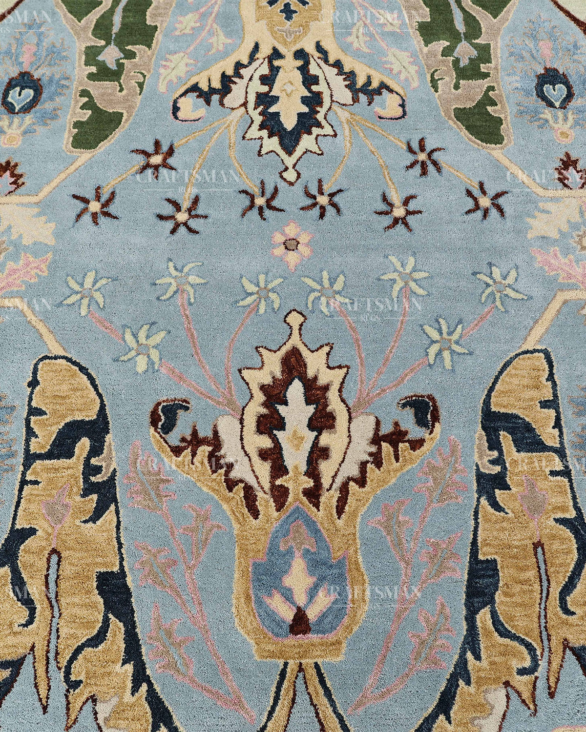 Hand Tufted Light Blue Oushak Rug, Traditional Floral Area Rug, Persian Style Carpet with Ivory Border