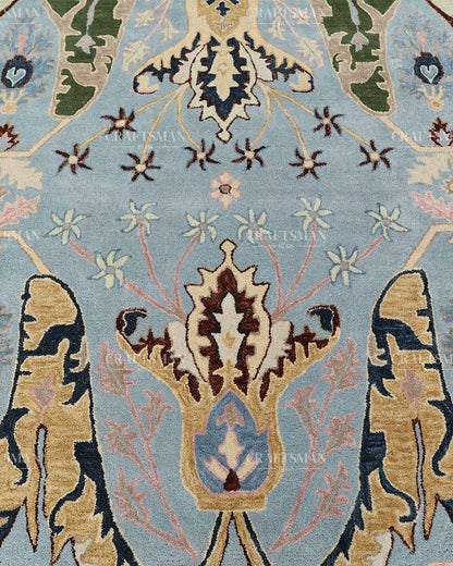 Hand Tufted Light Blue Oushak Rug, Traditional Floral Area Rug, Persian Style Carpet with Ivory Border