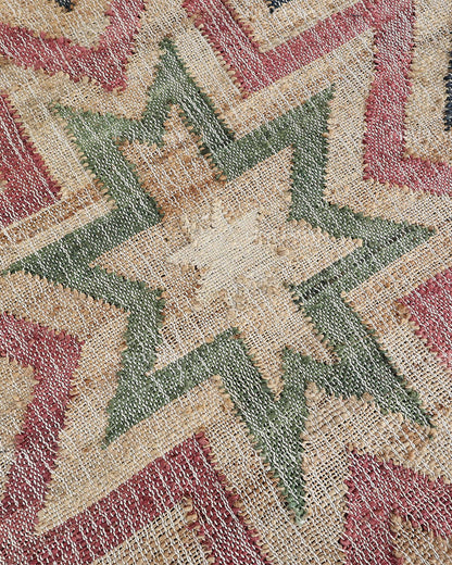 Handmade Multicolor Jute Rug, Geometric Star Pattern Area Rug, Beige Red Green & Black Boho Natural Fiber Carpet