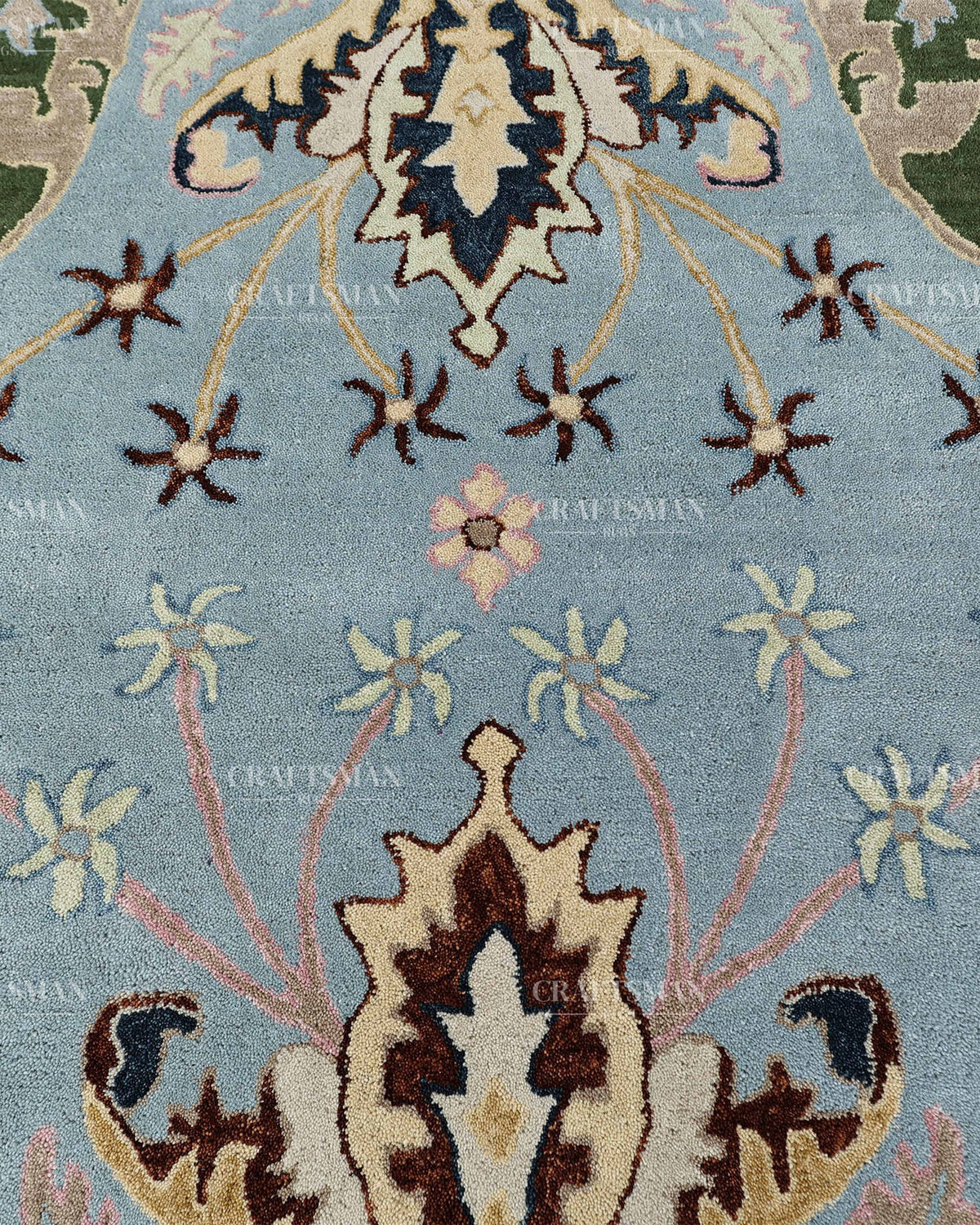 Hand Tufted Light Blue Oushak Rug, Traditional Floral Area Rug, Persian Style Carpet with Ivory Border