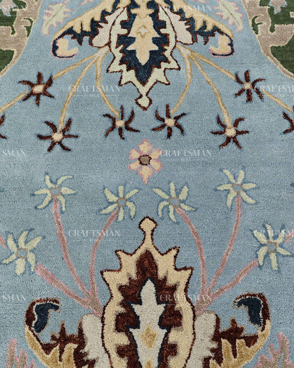Hand Tufted Light Blue Oushak Rug, Traditional Floral Area Rug, Persian Style Carpet with Ivory Border