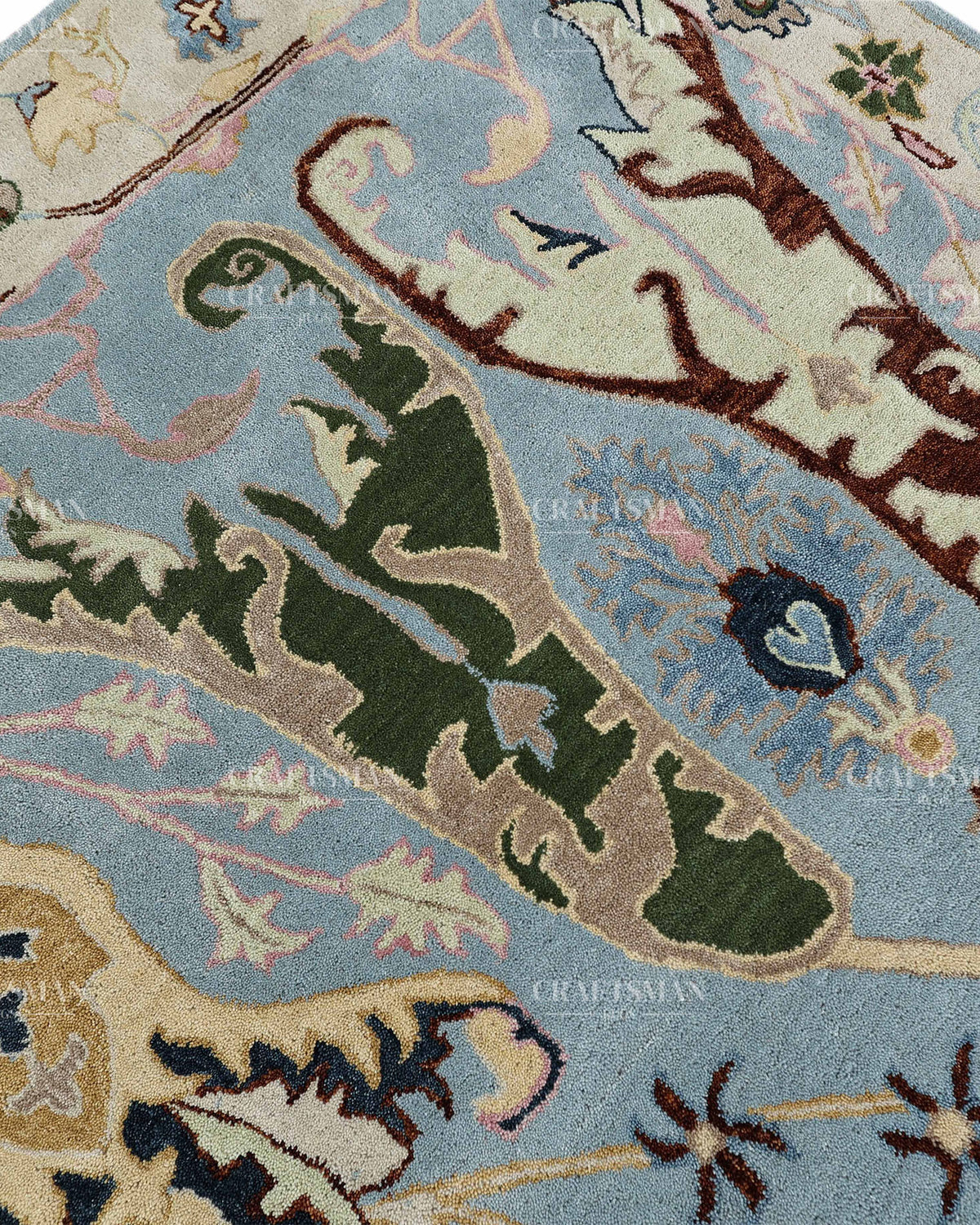 Hand Tufted Light Blue Oushak Rug, Traditional Floral Area Rug, Persian Style Carpet with Ivory Border