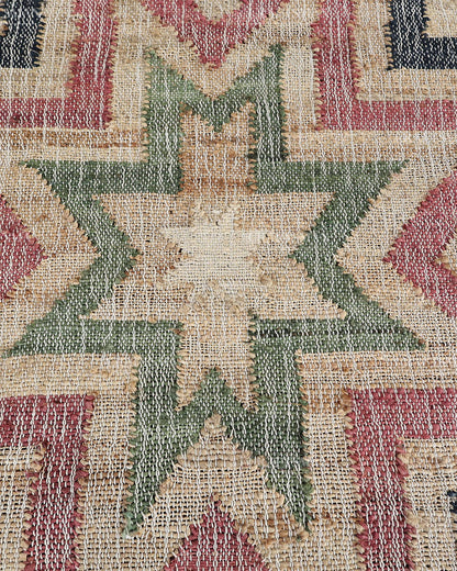Handmade Multicolor Jute Rug, Geometric Star Pattern Area Rug, Beige Red Green & Black Boho Natural Fiber Carpet