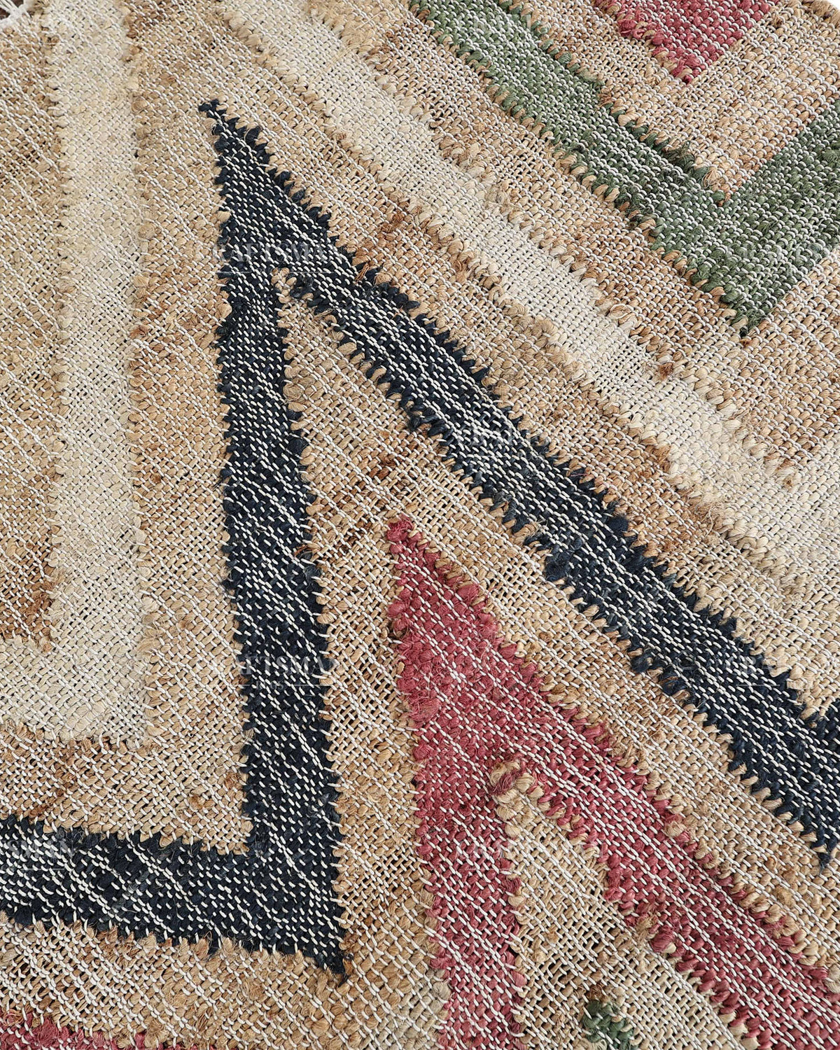 Handmade Multicolor Jute Rug, Geometric Star Pattern Area Rug, Beige Red Green & Black Boho Natural Fiber Carpet