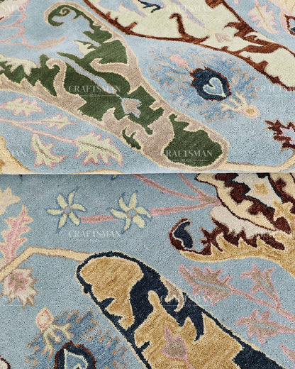 Hand Tufted Light Blue Oushak Rug, Traditional Floral Area Rug, Persian Style Carpet with Ivory Border