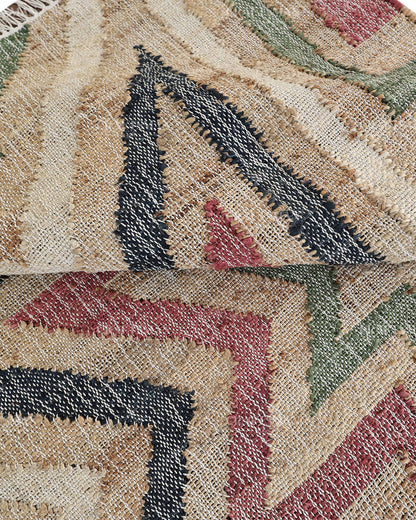 Handmade Multicolor Jute Rug, Geometric Star Pattern Area Rug, Beige Red Green & Black Boho Natural Fiber Carpet
