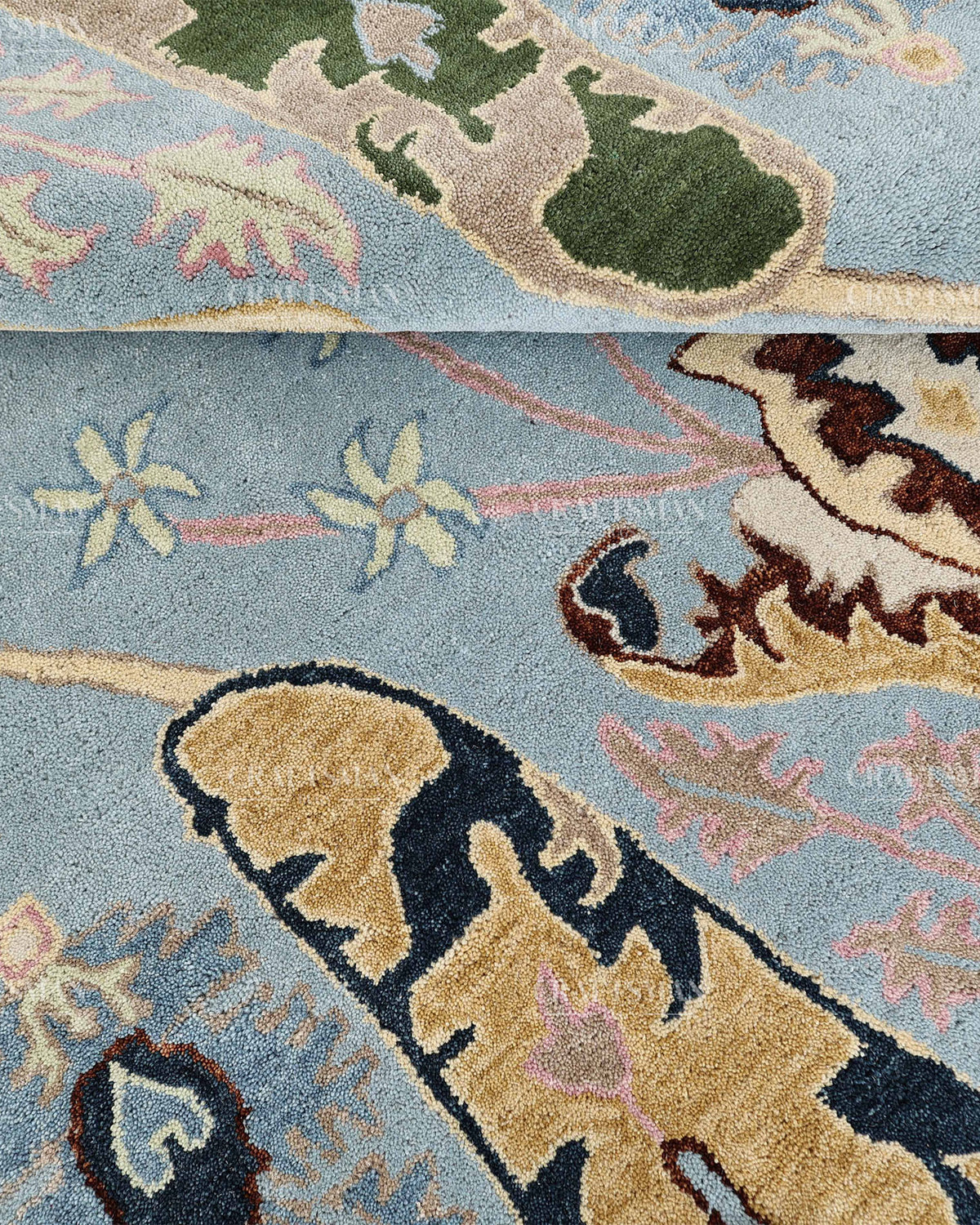 Hand Tufted Light Blue Oushak Rug, Traditional Floral Area Rug, Persian Style Carpet with Ivory Border