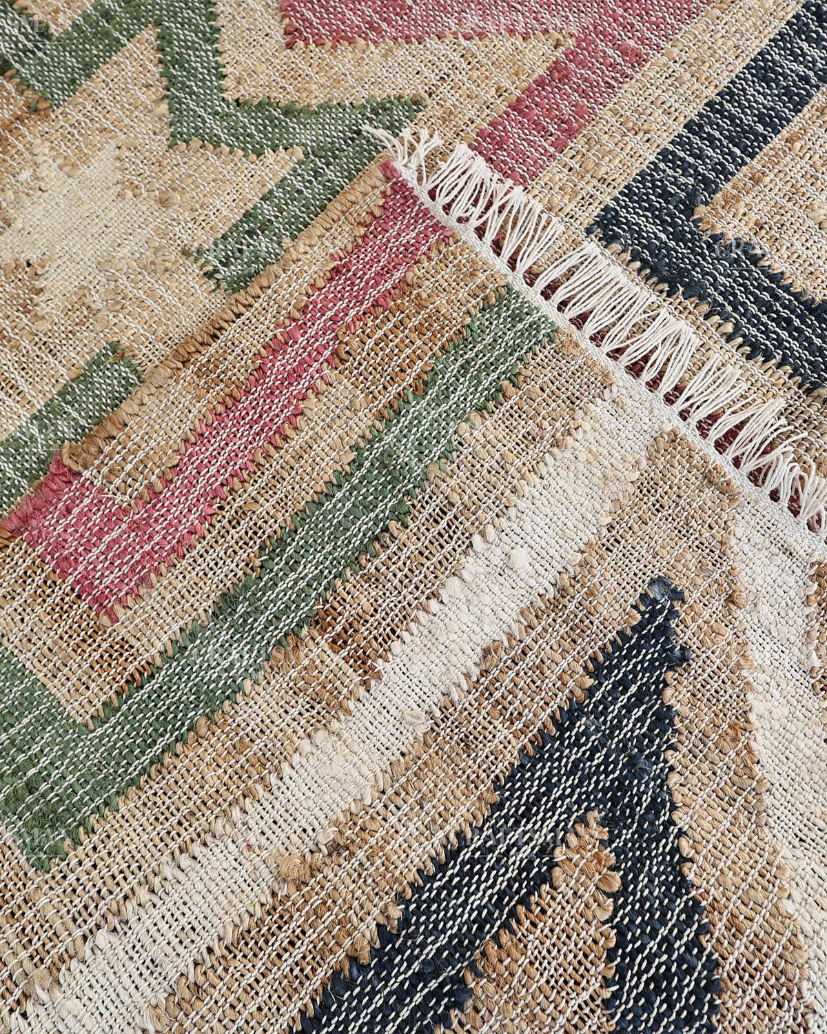 Handmade Multicolor Jute Rug, Geometric Star Pattern Area Rug, Beige Red Green & Black Boho Natural Fiber Carpet