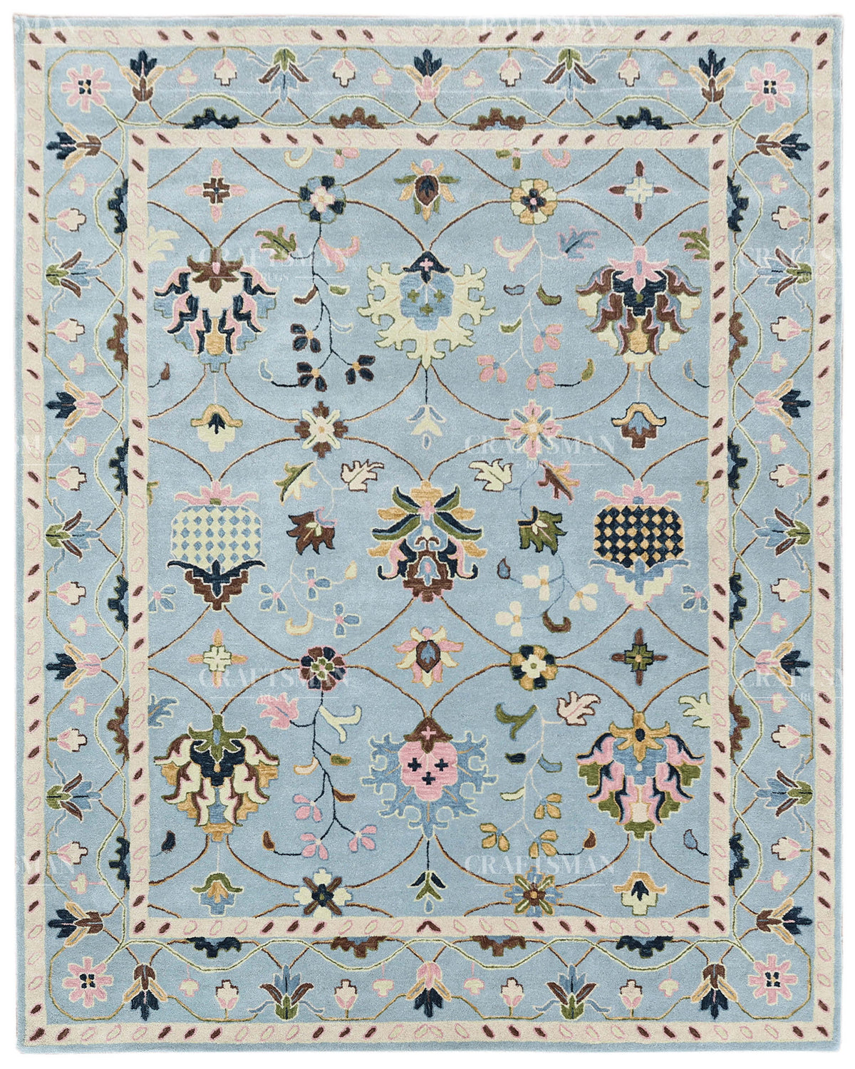Hand Tufted Blue Oushak Rug, Traditional Floral Area Rug, Persian Style Carpet with Ivory Border