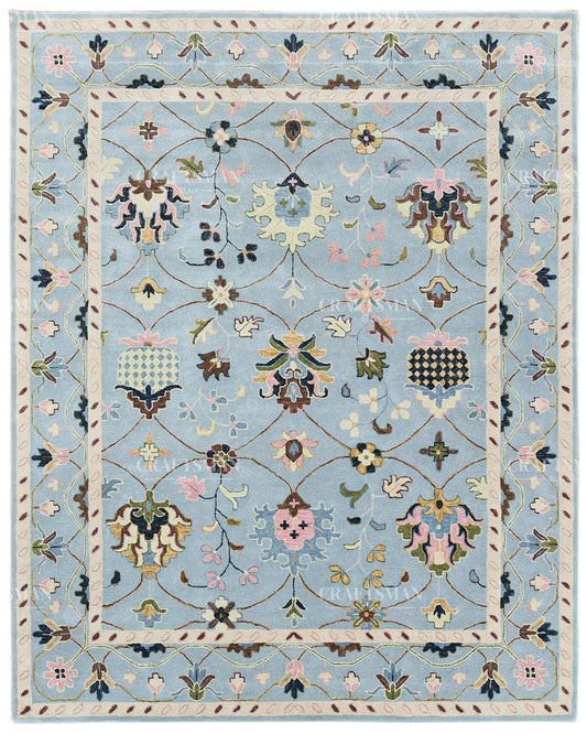 Hand Tufted Blue Oushak Rug, Traditional Floral Area Rug, Persian Style Carpet with Ivory Border