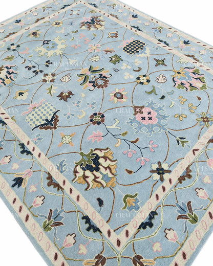 Hand Tufted Blue Oushak Rug, Traditional Floral Area Rug, Persian Style Carpet with Ivory Border