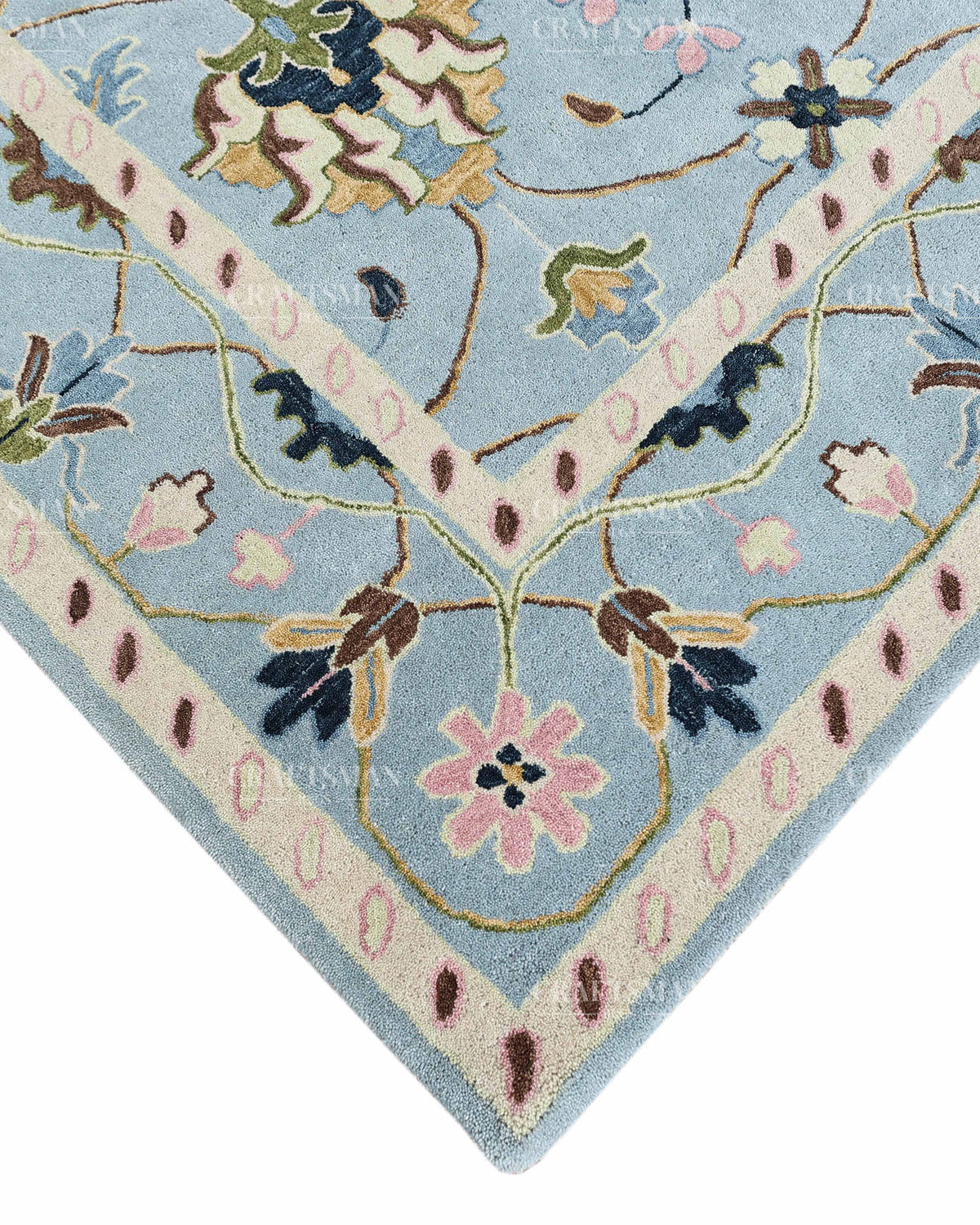 Hand Tufted Blue Oushak Rug, Traditional Floral Area Rug, Persian Style Carpet with Ivory Border
