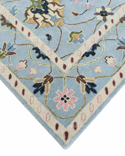 Hand Tufted Blue Oushak Rug, Traditional Floral Area Rug, Persian Style Carpet with Ivory Border