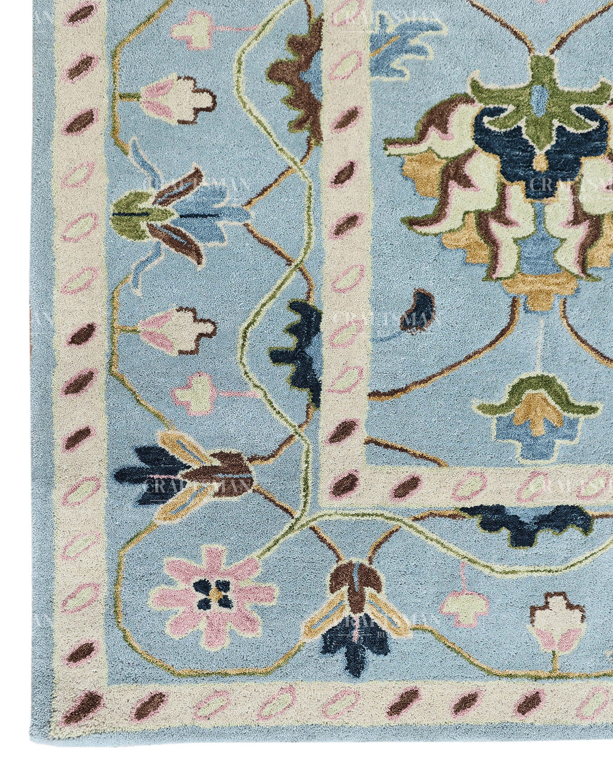 Hand Tufted Blue Oushak Rug, Traditional Floral Area Rug, Persian Style Carpet with Ivory Border