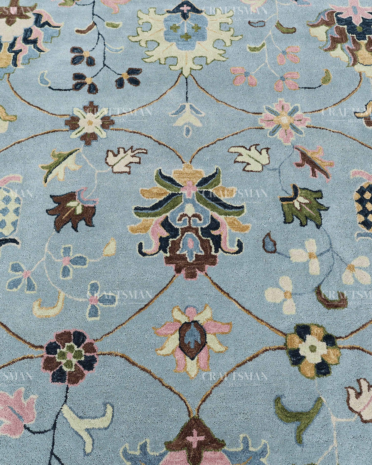 Hand Tufted Blue Oushak Rug, Traditional Floral Area Rug, Persian Style Carpet with Ivory Border