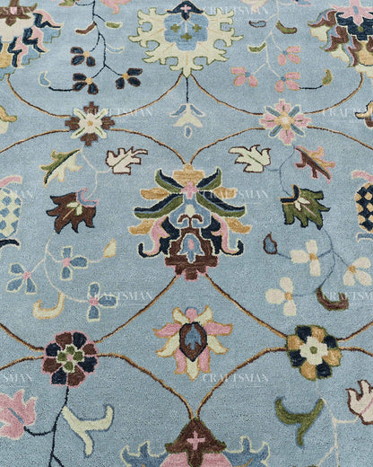 Hand Tufted Blue Oushak Rug, Traditional Floral Area Rug, Persian Style Carpet with Ivory Border