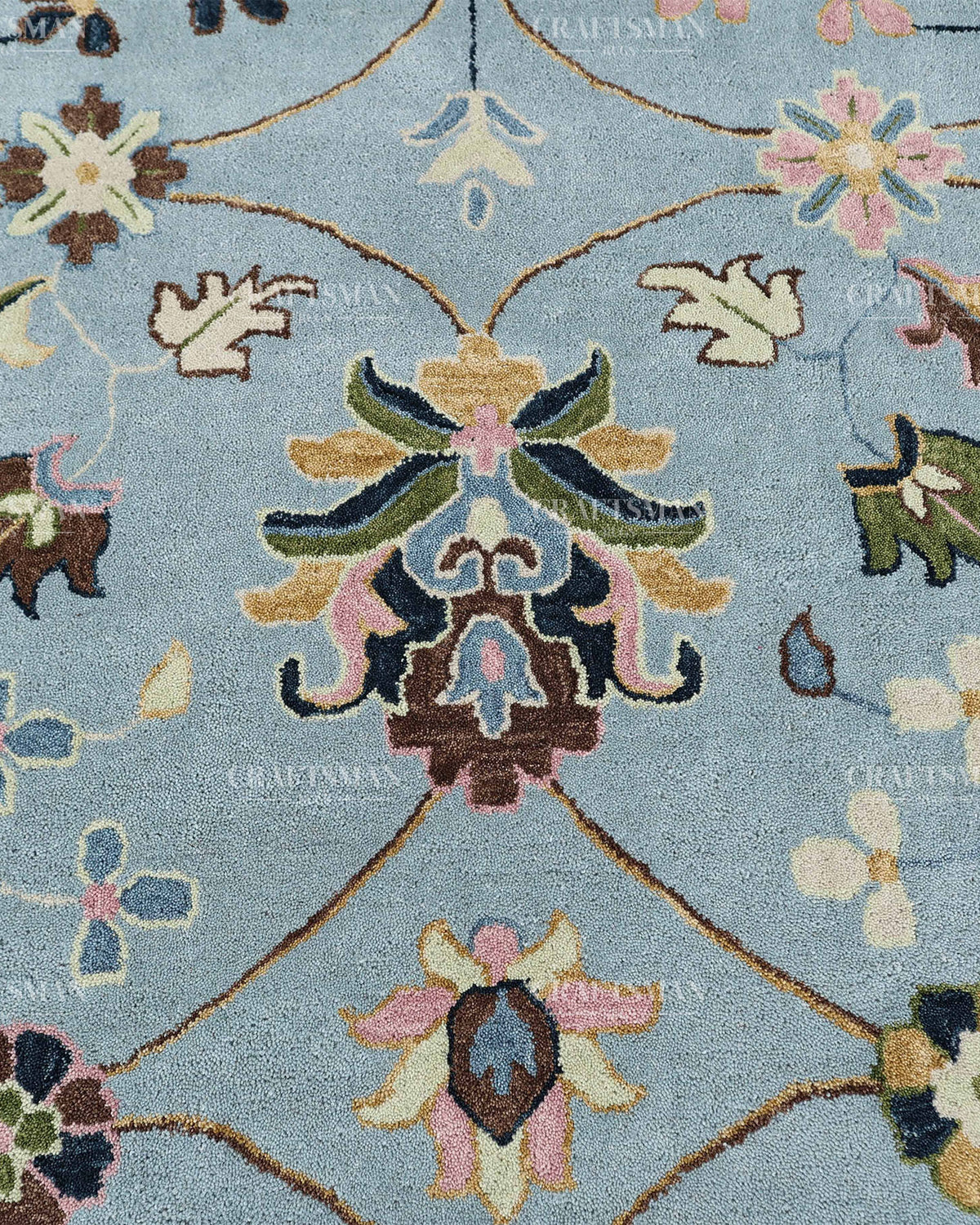 Hand Tufted Blue Oushak Rug, Traditional Floral Area Rug, Persian Style Carpet with Ivory Border