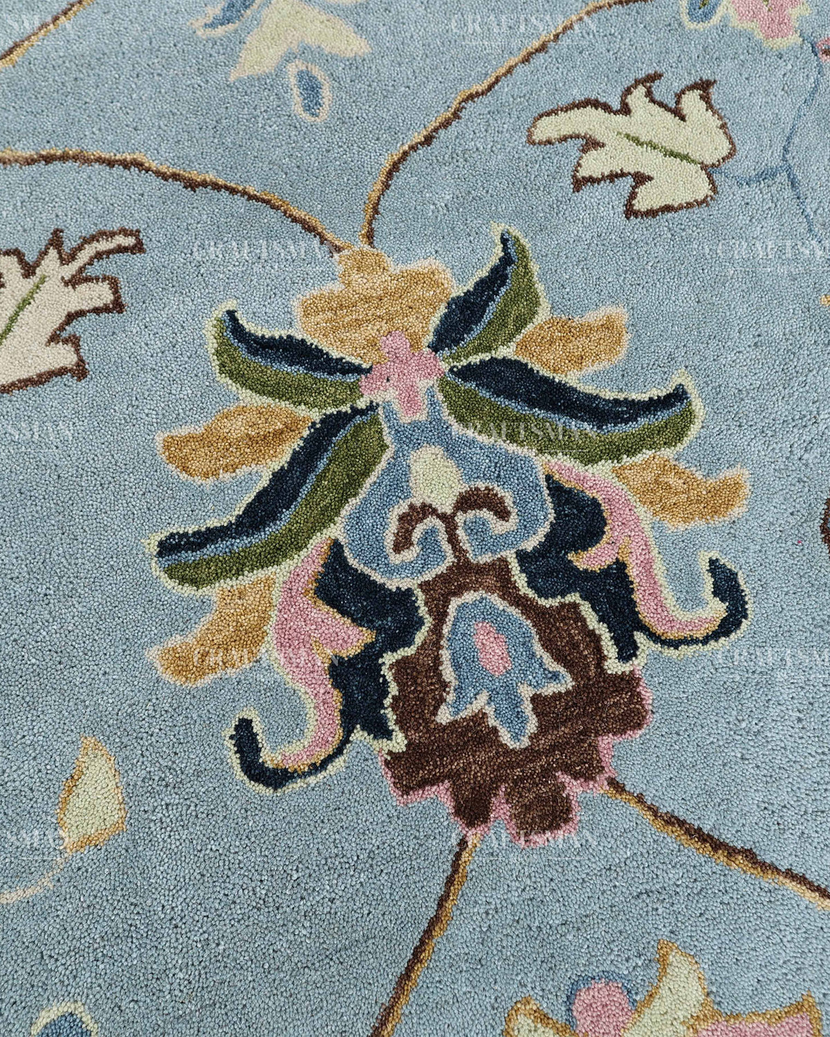 Hand Tufted Blue Oushak Rug, Traditional Floral Area Rug, Persian Style Carpet with Ivory Border