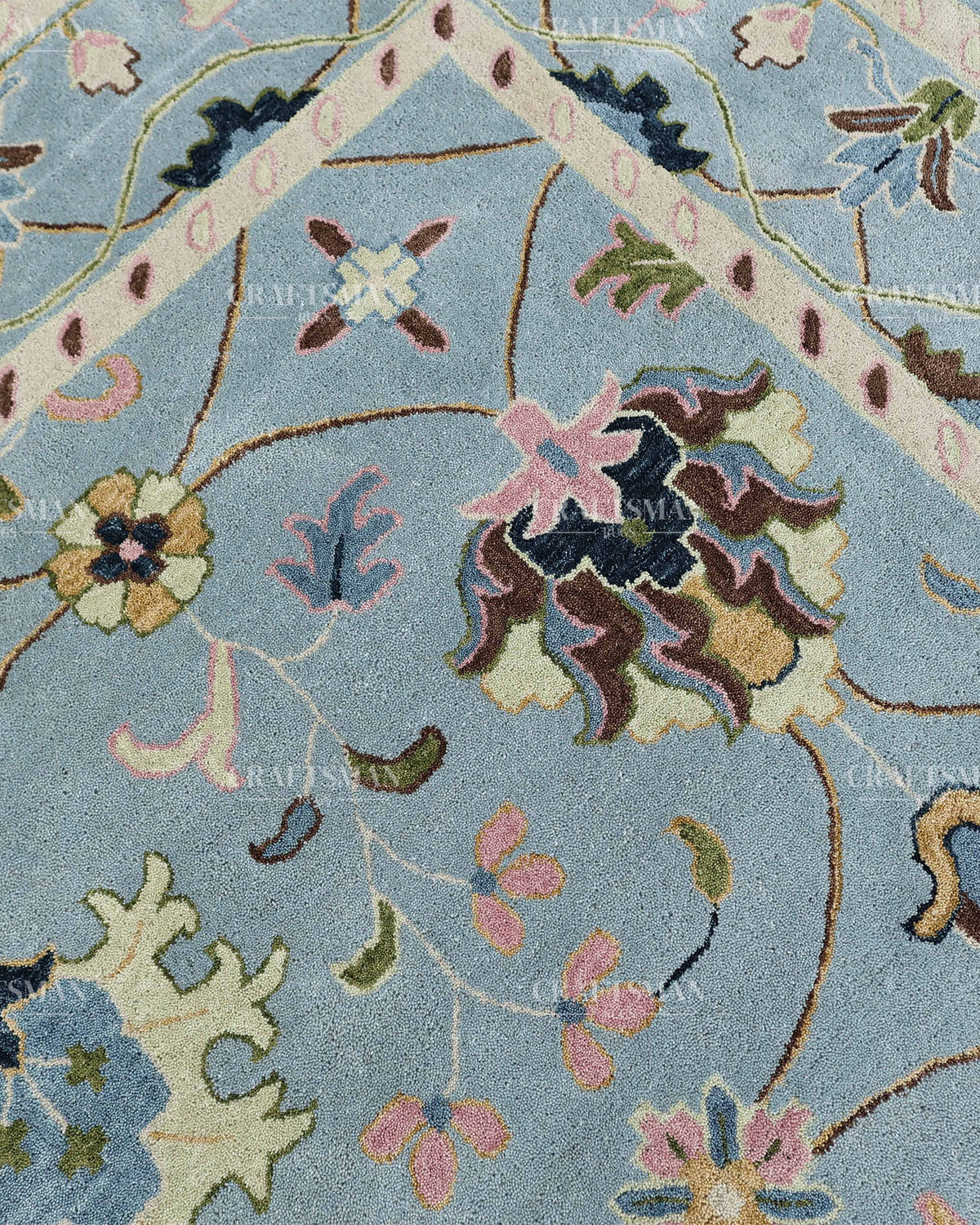 Hand Tufted Blue Oushak Rug, Traditional Floral Area Rug, Persian Style Carpet with Ivory Border
