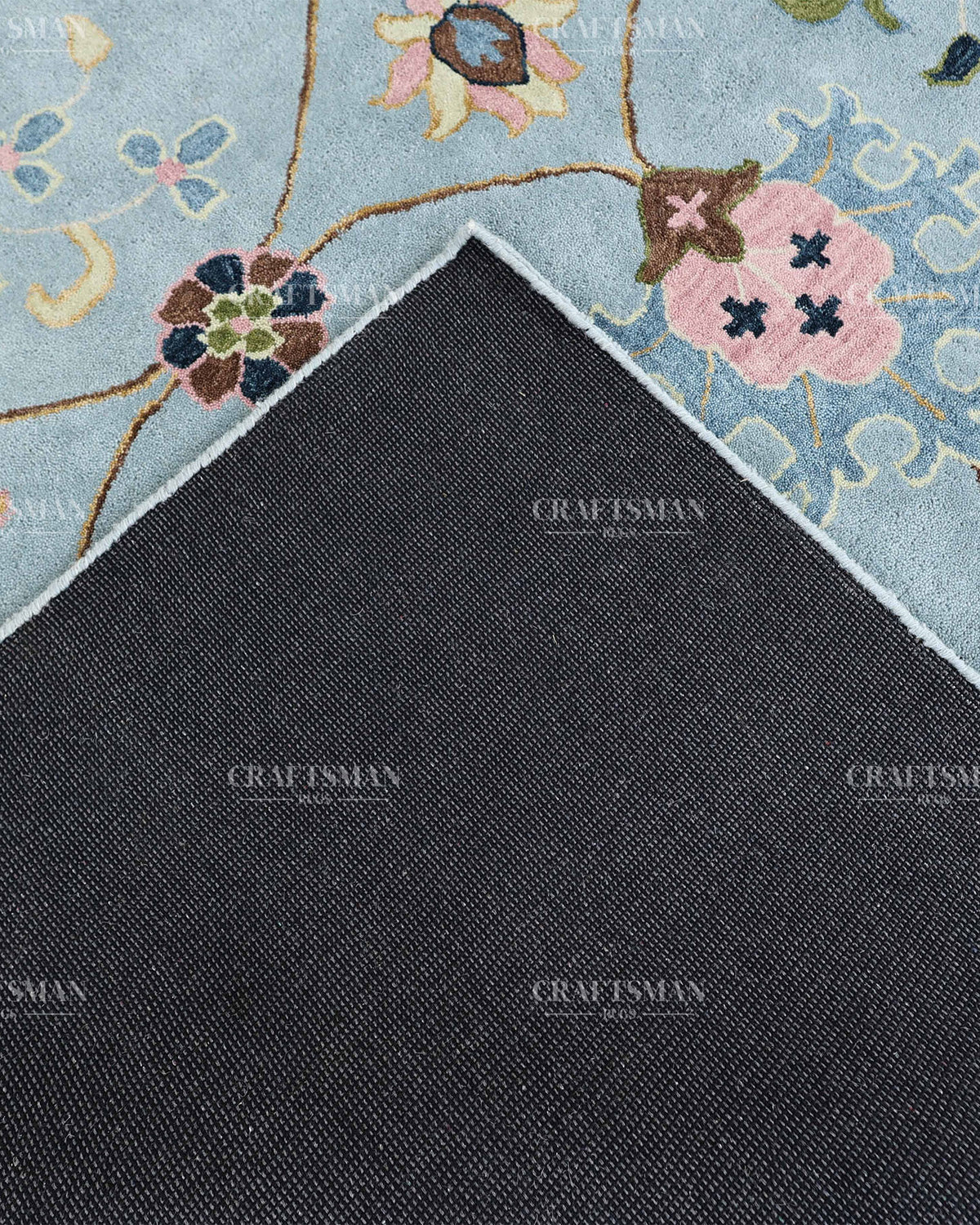 Hand Tufted Blue Oushak Rug, Traditional Floral Area Rug, Persian Style Carpet with Ivory Border