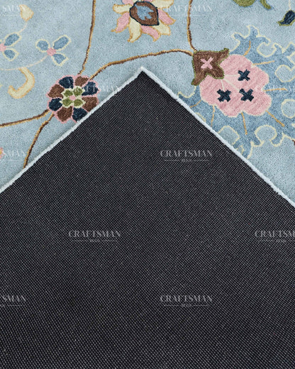 Hand Tufted Blue Oushak Rug, Traditional Floral Area Rug, Persian Style Carpet with Ivory Border