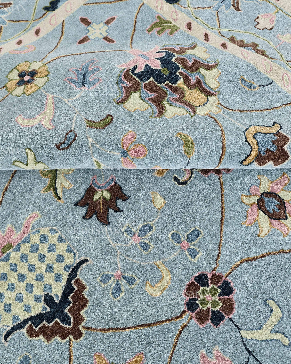Hand Tufted Blue Oushak Rug, Traditional Floral Area Rug, Persian Style Carpet with Ivory Border