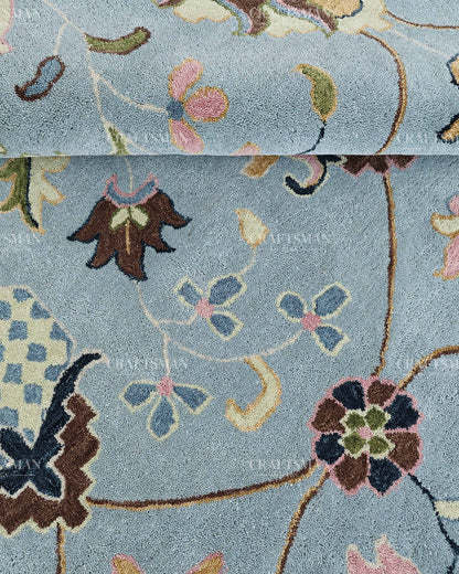 Hand Tufted Blue Oushak Rug, Traditional Floral Area Rug, Persian Style Carpet with Ivory Border