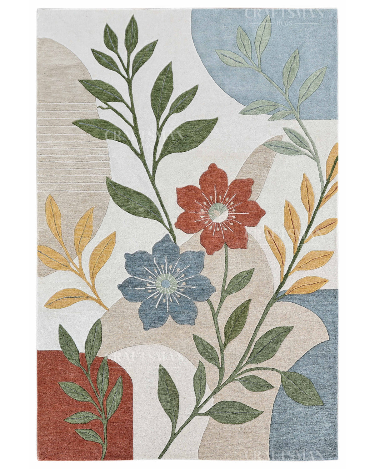 Modern Botanical Floral Area Rug, Abstract Flower Pattern Carpet, Sage Green Terracotta Blue Rug, Contemporary Nature Inspired Home Decor