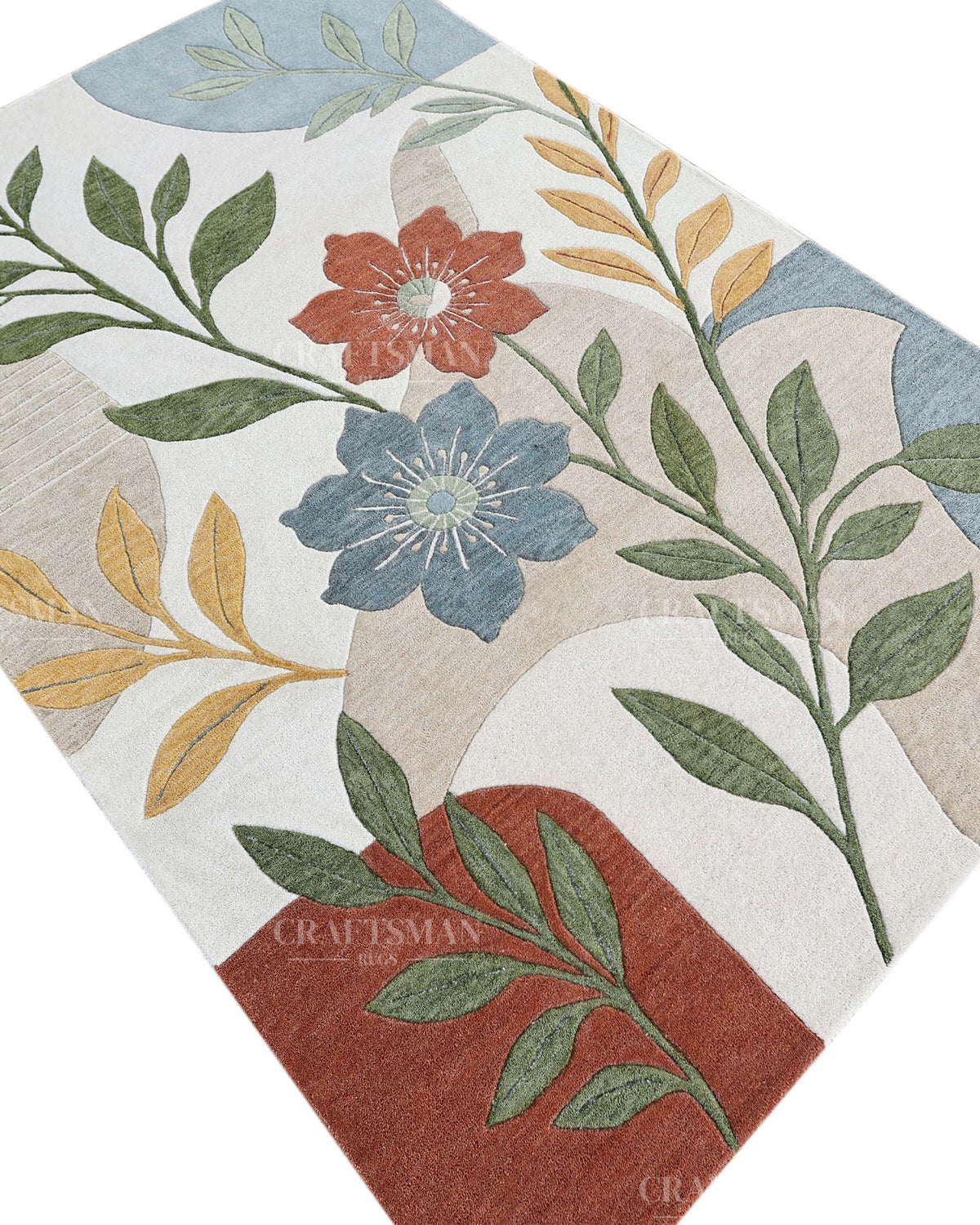Modern Botanical Floral Area Rug, Abstract Flower Pattern Carpet, Sage Green Terracotta Blue Rug, Contemporary Nature Inspired Home Decor