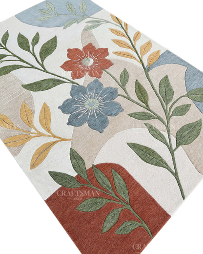 Modern Botanical Floral Area Rug, Abstract Flower Pattern Carpet, Sage Green Terracotta Blue Rug, Contemporary Nature Inspired Home Decor