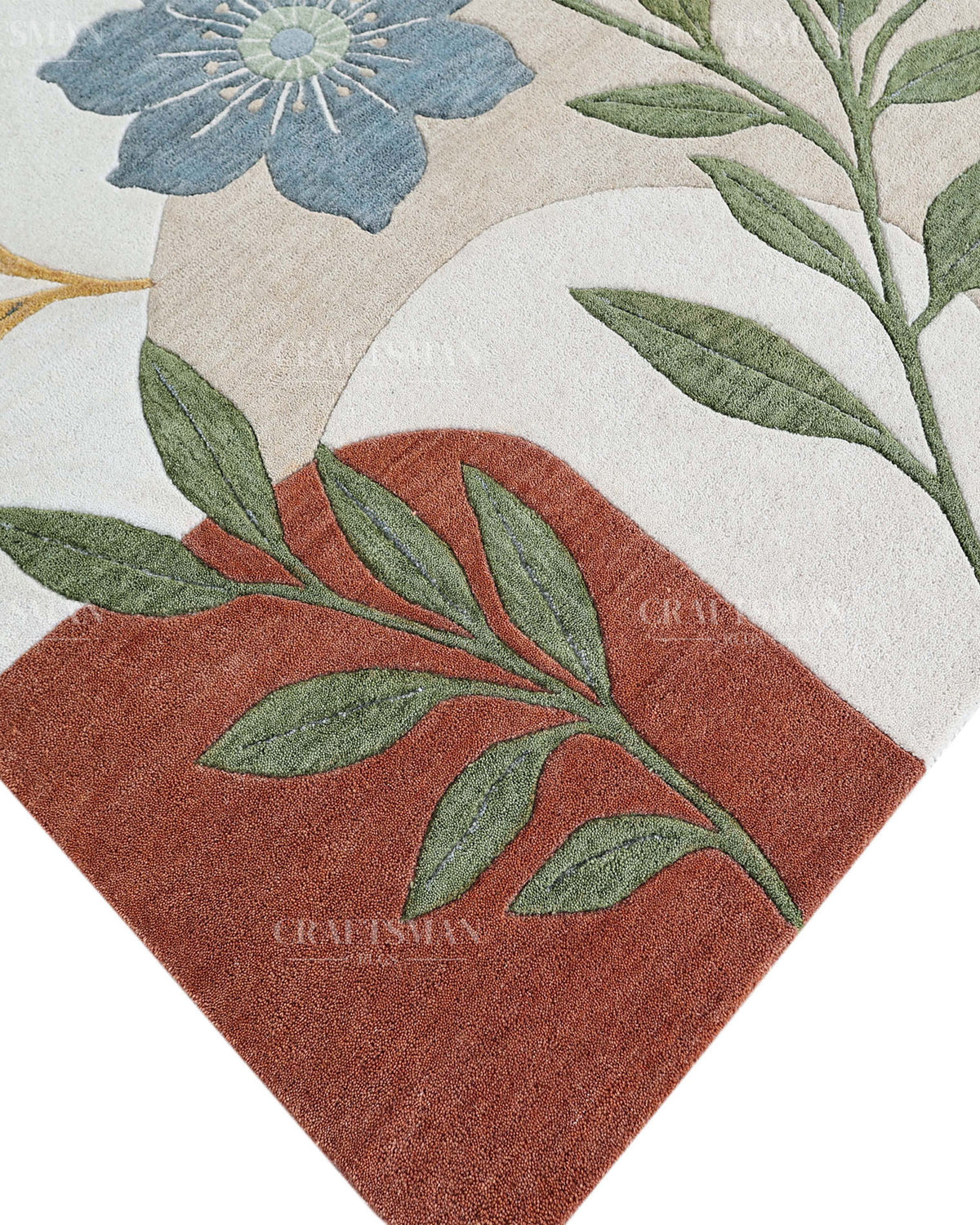 Modern Botanical Floral Area Rug, Abstract Flower Pattern Carpet, Sage Green Terracotta Blue Rug, Contemporary Nature Inspired Home Decor