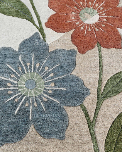 Modern Botanical Floral Area Rug, Abstract Flower Pattern Carpet, Sage Green Terracotta Blue Rug, Contemporary Nature Inspired Home Decor