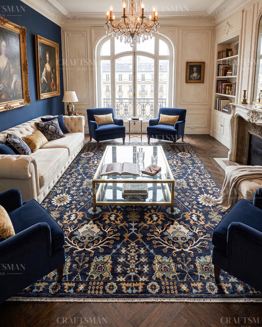 Navy Blue Hand Knotted Wool Rug | Traditional Oriental Floral Area Rug | Luxury Vintage Persian Style Carpet for Living Room & Bedroom