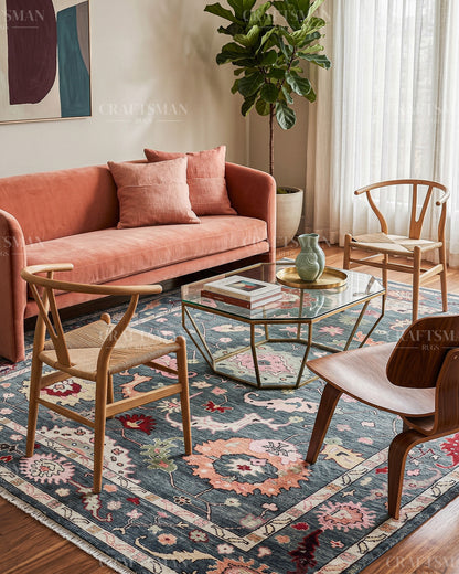 Hand Knotted Oushak Rug – Blue & Pink Vintage Floral Wool Area Rug | Traditional Turkish Inspired Living Room Carpet