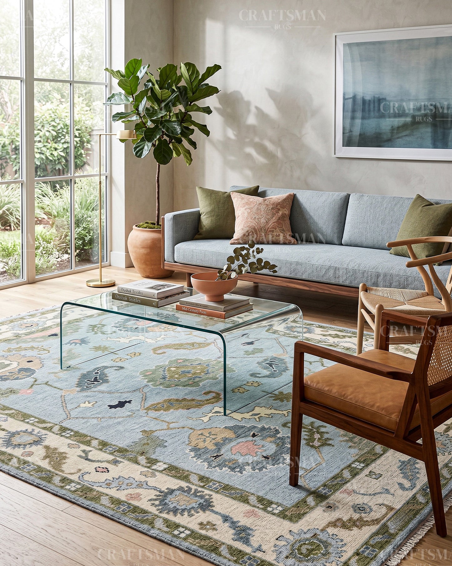 Hand Knotted Oushak Rug – Light Blue & Ivory Vintage Floral Wool Area Rug | Traditional Turkish Inspired Handmade Carpet