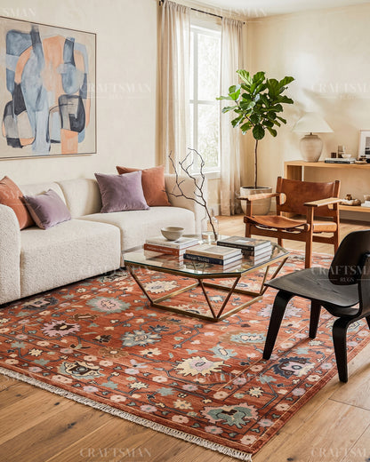Hand Knotted Oushak Rug – Terracotta & Sage Green Vintage Wool Area Rug | Handmade Turkish Inspired Floral Carpet