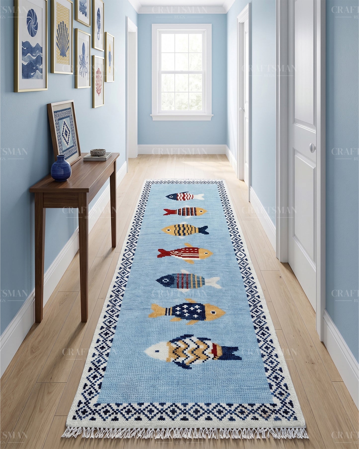 Luxury Hand Knotted Wool Fish Design Rug, Light Blue Coastal Tribal Carpet with Geometric Border for Living Room & Bedroom
