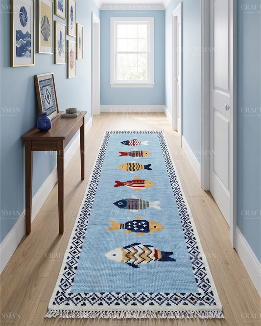 Luxury Hand Knotted Wool Fish Design Rug, Light Blue Coastal Tribal Carpet with Geometric Border for Living Room & Bedroom