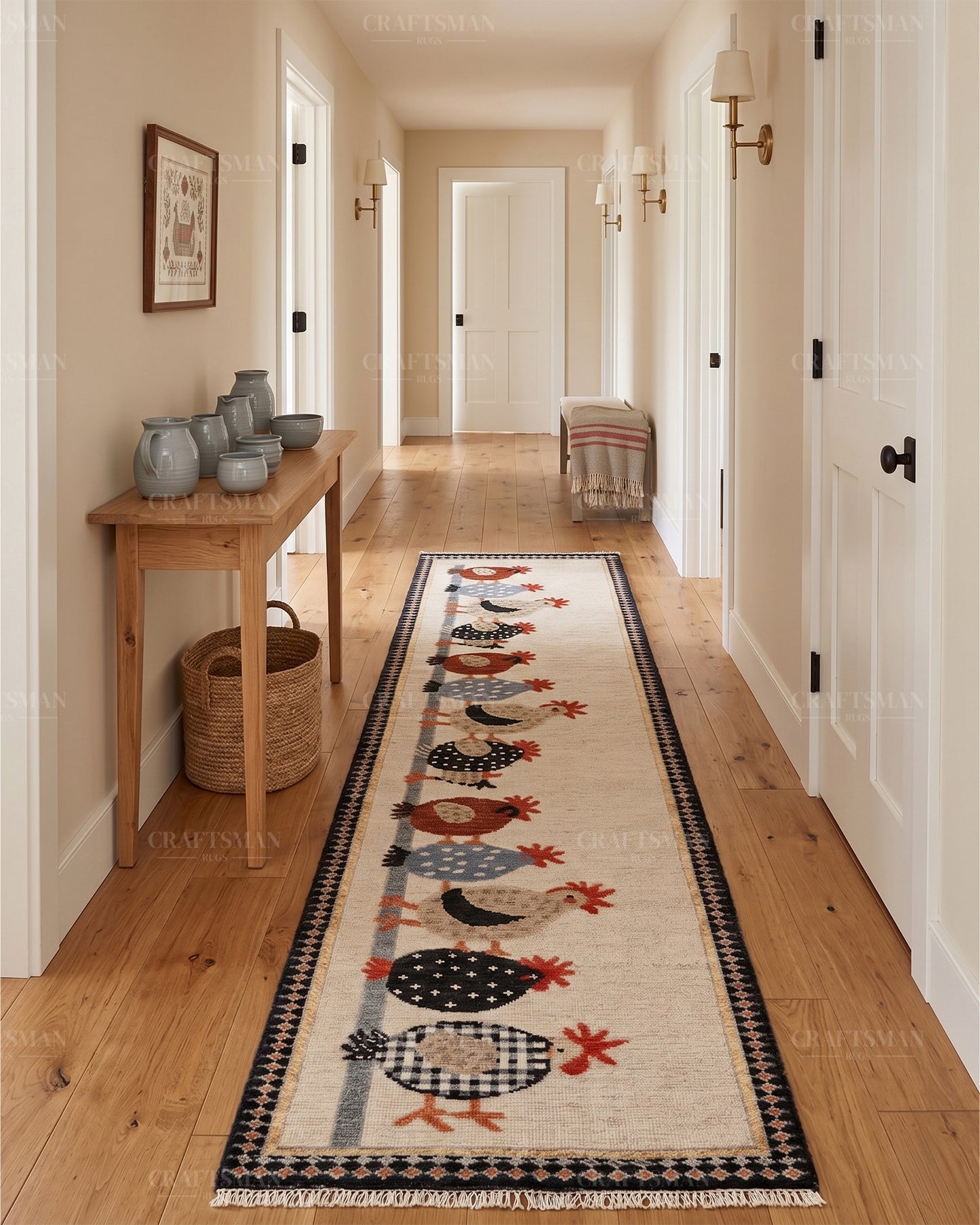 Hand Knotted Wool Chicken Pattern Rug Runner | Farmhouse Rustic Artisan Carpet with Geometric Border | Handmade Hallway Runner Rug