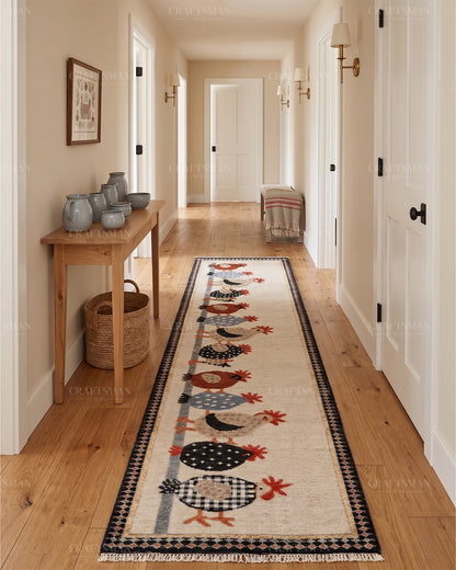 Hand Knotted Wool Chicken Pattern Rug Runner | Farmhouse Rustic Artisan Carpet with Geometric Border | Handmade Hallway Runner Rug