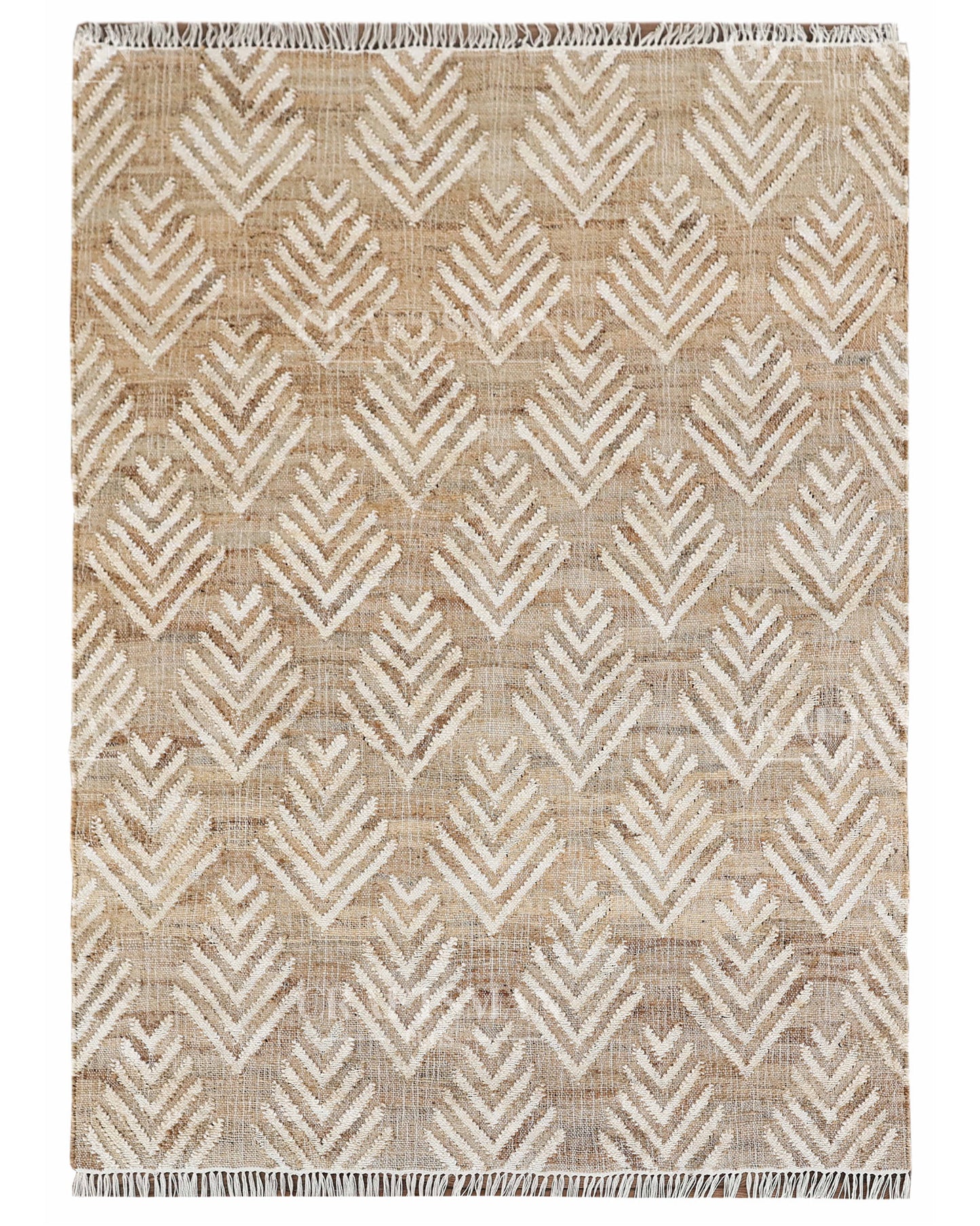 Arrowleaf Jute Hand-Woven Natural Rug – Beige White Textured Geometric Boho Area Carpet with Fringe
